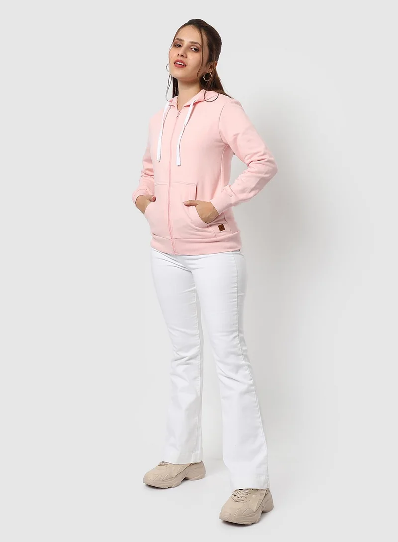 Pinacolada  Women's Baby Pink Solid Zip-Front Hoodie For Casual Wear | Hooded Neck | Long Cuffed Sleeves | Zipper Closure | Sweatshirt Crafted With Comfort Fit For Everyday Wear for Women | Best Price UAE