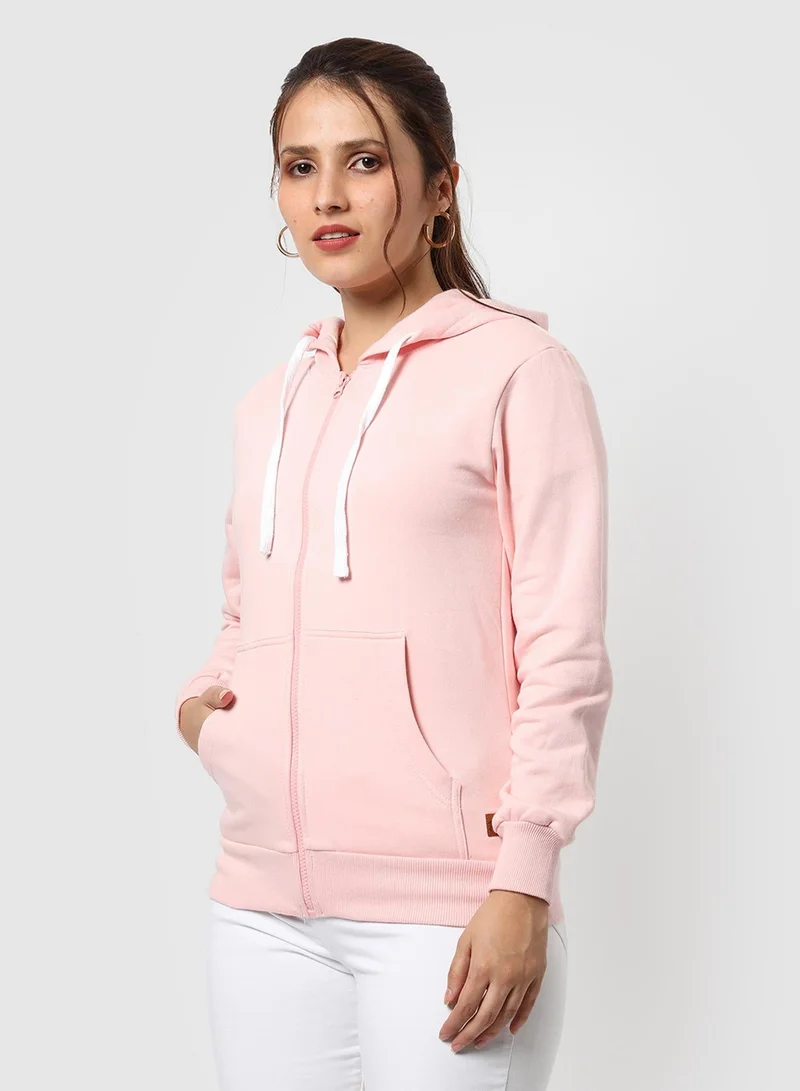 Pinacolada  Women's Baby Pink Solid Zip-Front Hoodie For Casual Wear | Hooded Neck | Long Cuffed Sleeves | Zipper Closure | Sweatshirt Crafted With Comfort Fit For Everyday Wear for Women | Best Price UAE