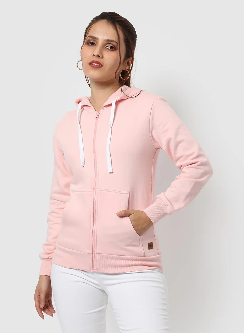 Women's Baby Pink Solid Zip-Front Hoodie For Casual Wear | Hooded Neck | Long Cuffed Sleeves | Zipper Closure | Sweatshirt Crafted With Comfort Fit For Everyday Wear