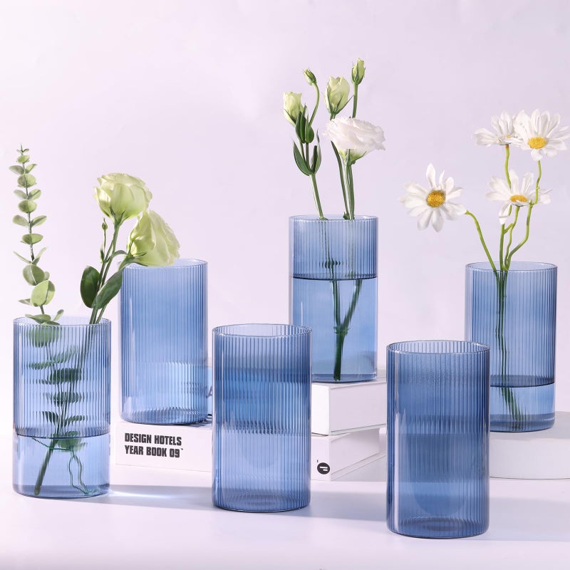 TripodBird Glass Cylinder Vases, Bud Vase for Wedding Centerpieces, 6 Inch Tall Ribbed Vase Hurricane Floating Candle Holder, Decorative Flower Vases for Wedding Reception, Home Decor, Housewarming Gift (Blue) - Image 1