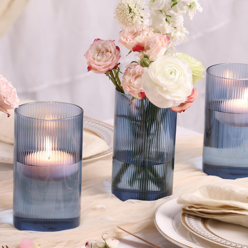TripodBird Glass Cylinder Vases, Bud Vase for Wedding Centerpieces, 6 Inch Tall Ribbed Vase Hurricane Floating Candle Holder, Decorative Flower Vases for Wedding Reception, Home Decor, Housewarming Gift (Blue) - Image 3