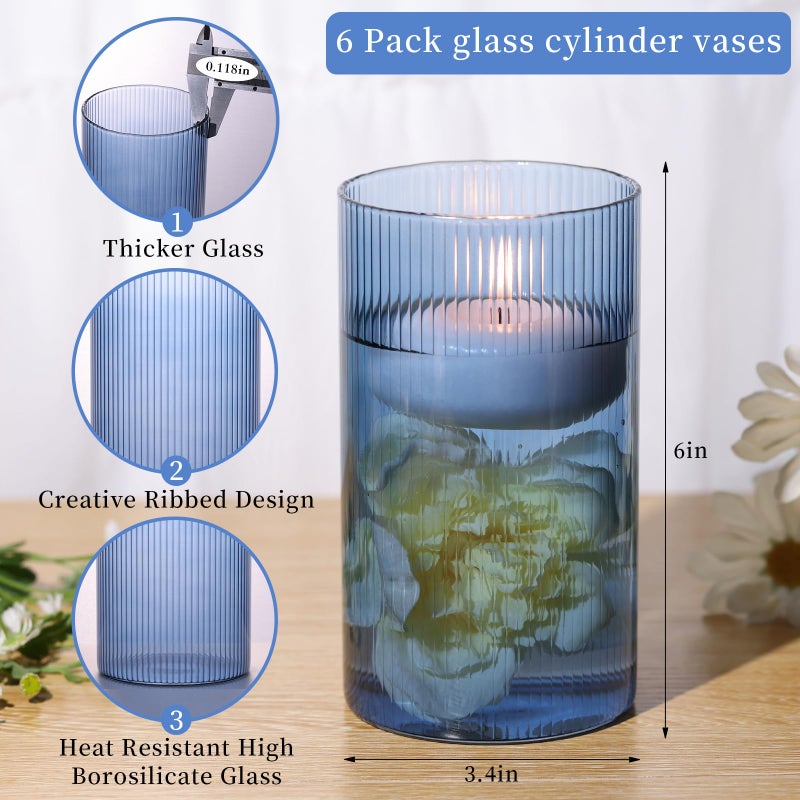 TripodBird Glass Cylinder Vases, Bud Vase for Wedding Centerpieces, 6 Inch Tall Ribbed Vase Hurricane Floating Candle Holder, Decorative Flower Vases for Wedding Reception, Home Decor, Housewarming Gift (Blue) - Image 2