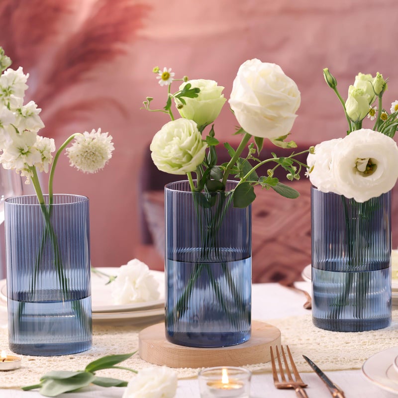 TripodBird Glass Cylinder Vases, Bud Vase for Wedding Centerpieces, 6 Inch Tall Ribbed Vase Hurricane Floating Candle Holder, Decorative Flower Vases for Wedding Reception, Home Decor, Housewarming Gift (Blue) - Image 4