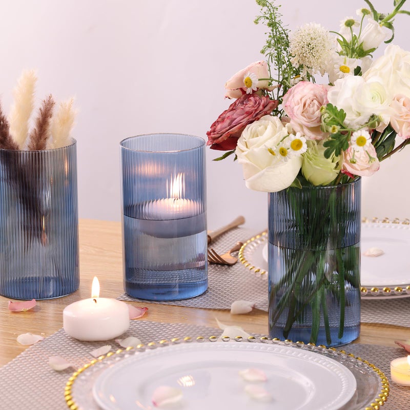 TripodBird Glass Cylinder Vases, Bud Vase for Wedding Centerpieces, 6 Inch Tall Ribbed Vase Hurricane Floating Candle Holder, Decorative Flower Vases for Wedding Reception, Home Decor, Housewarming Gift (Blue) - Image 5