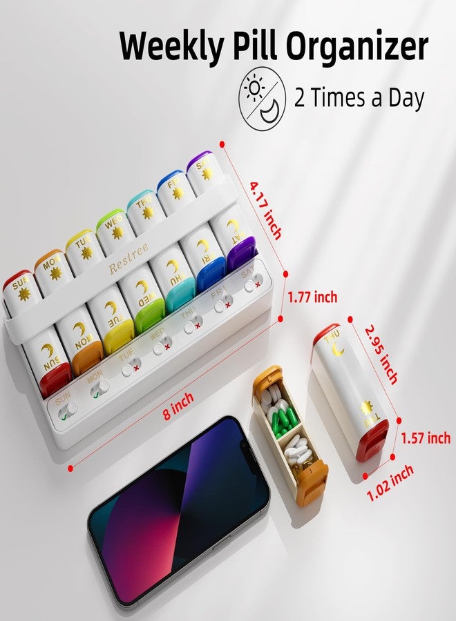 Restree Weekly Pill Organizer Two Time a Day, 7 Day Travel Pill Box, Daily Medicine Organizer, AM&PM Portable Pill Case for Vitamins Fish Oil/Supplements Medication Reminder Design (White) - Image 2