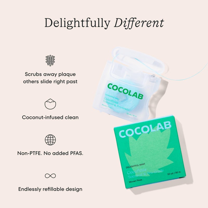 Cocofloss Woven Dental Floss, Dentist-Designed Oral Care, Mint, Waxed, Expanding, Vegan, Kid-Friendly String Floss with Coconut Oil, 1 Spool (33 yd) - Image 2
