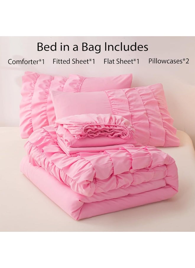 Generic Yadangxiawa Pink Comforter Set Twin, 5-Piece Bed in a Bag Twin for Teen Girls, Pink Ruffle Bedding Set for Girls Kids, Teen Girls Bedding Sets, Princess Dress Comforter for All Season  - Image 3