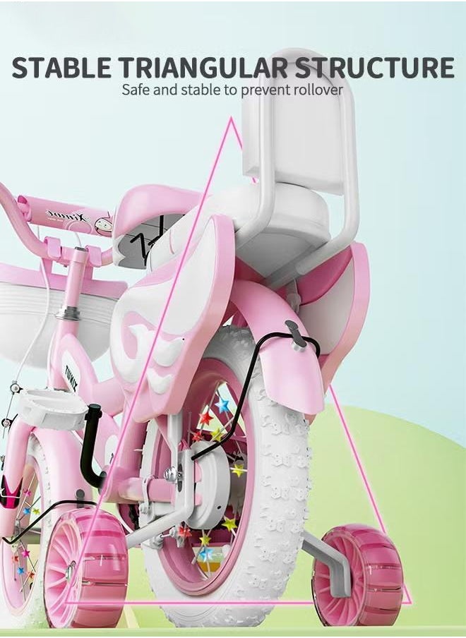 XiuWoo - 12 Inch Kids Bike with Magnetic Flash Training Wheels and Basket, Girl Bicycle with Guardrails Responsive brakes and Kickstand, Girls Bike for Toddlers and Kids,White Wheels,Pink - Image 1