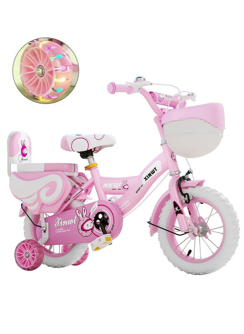 XiuWoo - 12 Inch Kids Bike with Magnetic Flash Training Wheels and Basket, Girl Bicycle with Guardrails Responsive brakes and Kickstand, Girls Bike for Toddlers and Kids,White Wheels,Pink - Image 1