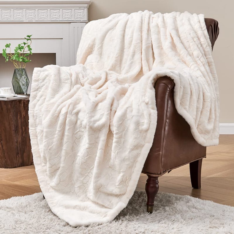 Krifey Oversized Faux Fur Blanket  Super Soft Cozy Blanket  Luxury Fluffy Throw Blanket Fuzzy Bed Throw  Plush Christmas Blanket Gift for Women  Cream 60"" x 80"" - Image 1