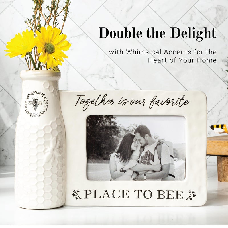 Young's Inc youngs Inc Ceramic Bee Vase w/Photo Frame, White, Black, 11.25" Length x 3.00" Width x 8.00" Height - Image 2