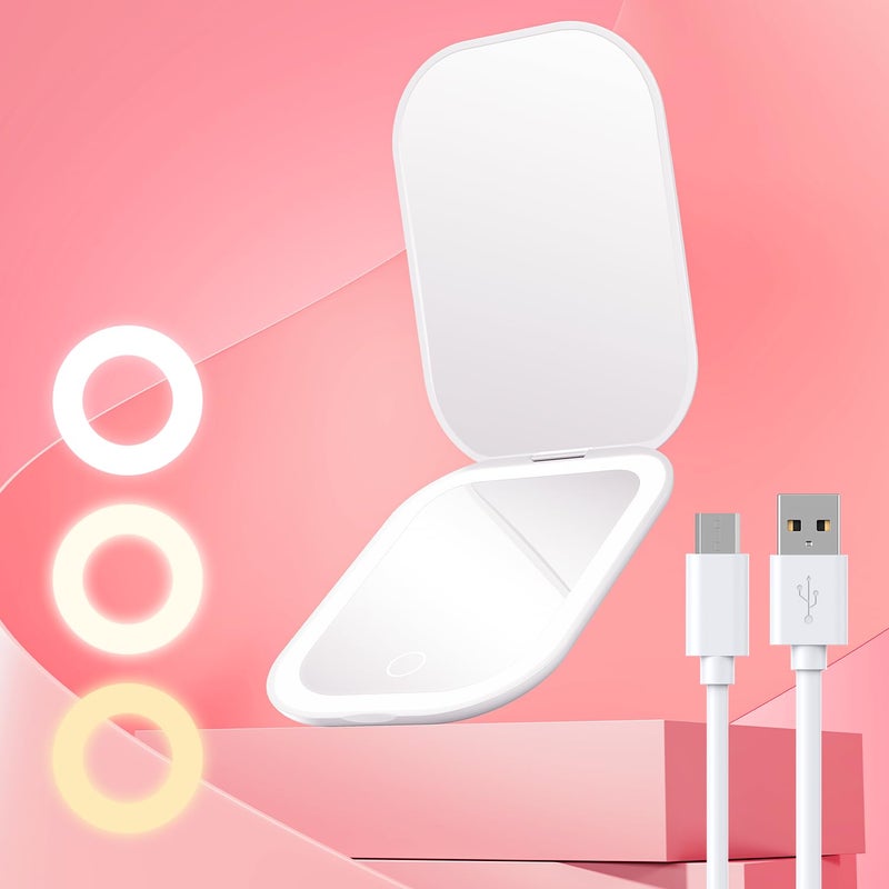 Gospire UltraSlim Lighted Travel Makeup Mirror with Lights and Magnification Rechargeable 3X Magnifying Mirror with 3 Light Colors  Adjustable Brightness LED Compact Mirror for Purses  White