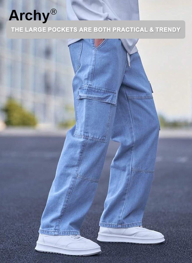 Men's Loose Fit Cargo Jeans - Casual Denim Pants with Utility Pockets Straight-leg Classic Trousers