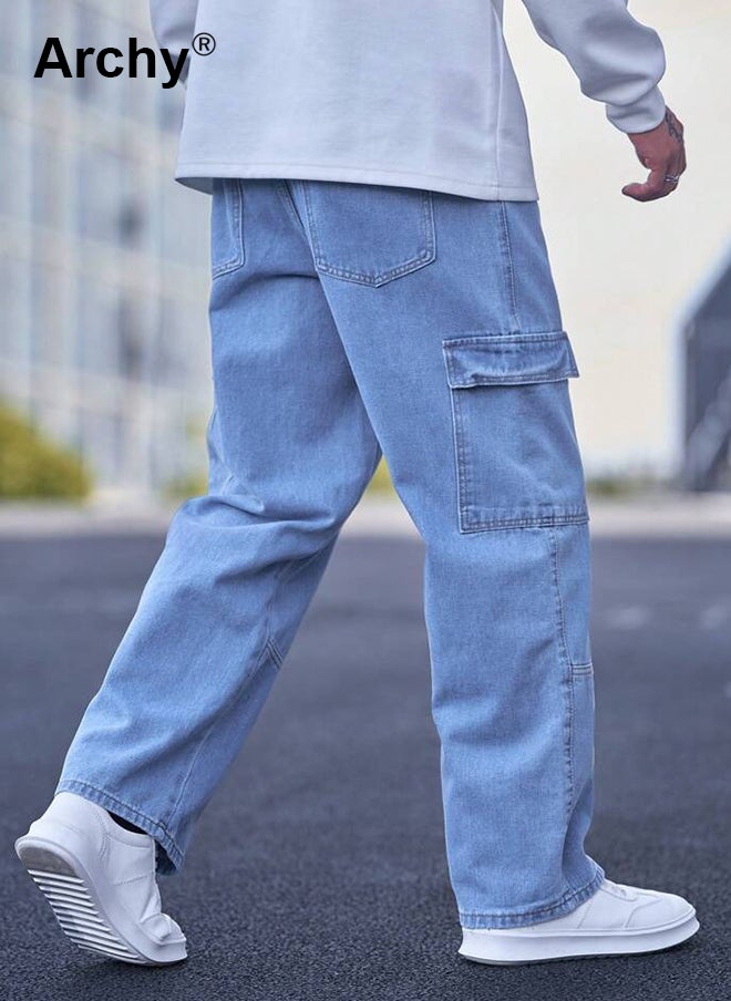 Men's Loose Fit Cargo Jeans - Casual Denim Pants with Utility Pockets Straight-leg Classic Trousers
