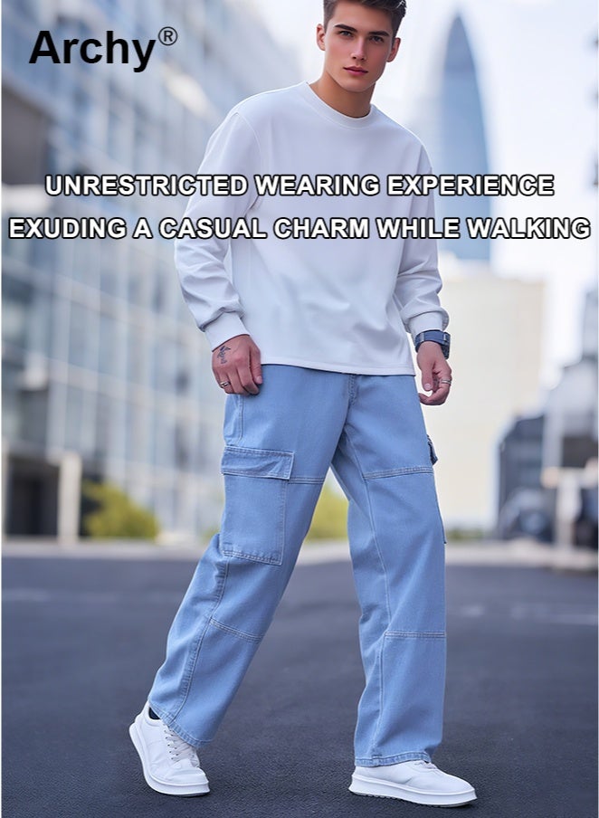 Archy Men's Loose Fit Cargo Jeans - Casual Denim Pants with Utility Pockets Straight-leg Classic Trousers - Image 3