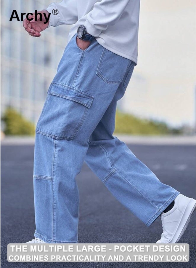 Archy Men's Loose Fit Cargo Jeans - Casual Denim Pants with Utility Pockets Straight-leg Classic Trousers - Image 4