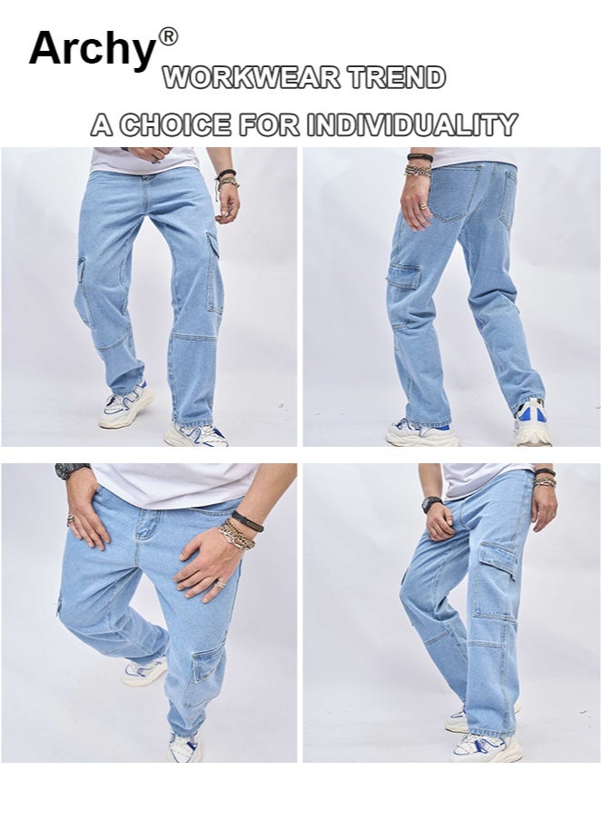 Archy Men's Loose Fit Cargo Jeans - Casual Denim Pants with Utility Pockets Straight-leg Classic Trousers - Image 1
