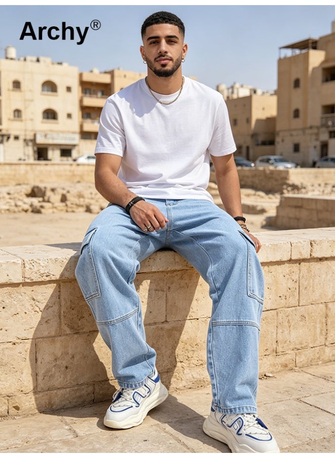 أرشي بنطلون جينز رجالي فضفاض بقصّة كارغو - بنطلون جينز كاجوال بجيوب متعددة، بنطلون كلاسيكي بقصّة ساق مستقيمة - Image 1