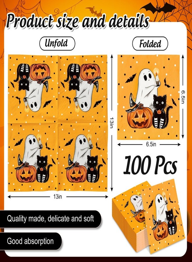 JarThenaAMCS جارثينا AMCS 100 قطعة من مناديل الهالوين الورقية - مناديل غداء على شكل قرع، شبح، قطة - مناديل يد للعشاء لوازم الحفلات المنزلية ديكور الطاولة - Image 2