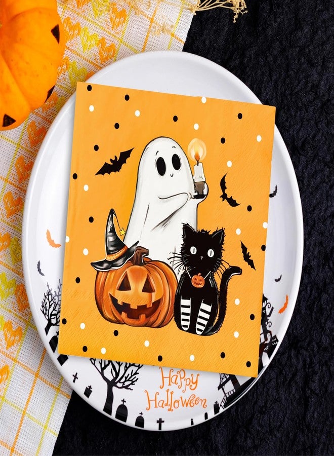 JarThenaAMCS جارثينا AMCS 100 قطعة من مناديل الهالوين الورقية - مناديل غداء على شكل قرع، شبح، قطة - مناديل يد للعشاء لوازم الحفلات المنزلية ديكور الطاولة - Image 4