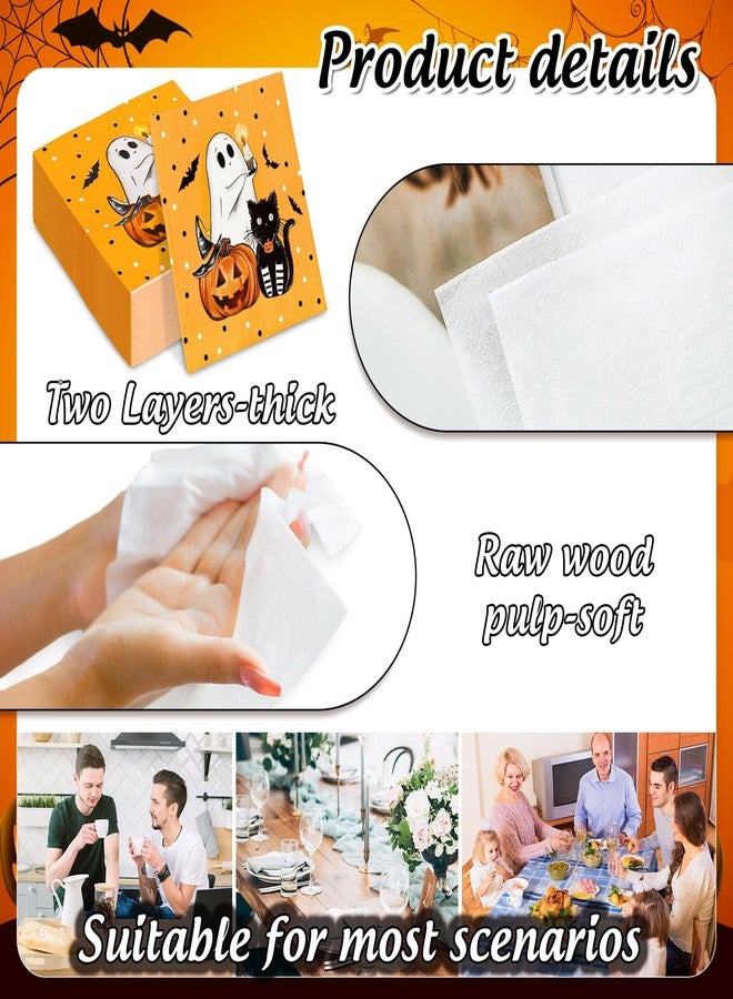 JarThenaAMCS جارثينا AMCS 100 قطعة من مناديل الهالوين الورقية - مناديل غداء على شكل قرع، شبح، قطة - مناديل يد للعشاء لوازم الحفلات المنزلية ديكور الطاولة - Image 3
