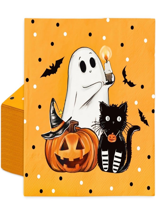 JarThenaAMCS جارثينا AMCS 100 قطعة من مناديل الهالوين الورقية - مناديل غداء على شكل قرع، شبح، قطة - مناديل يد للعشاء لوازم الحفلات المنزلية ديكور الطاولة - Image 1