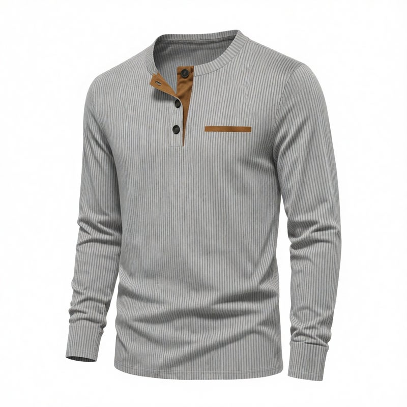 Mens Corduroy Casual Henley Long Sleeve T-Shirt - Image 2