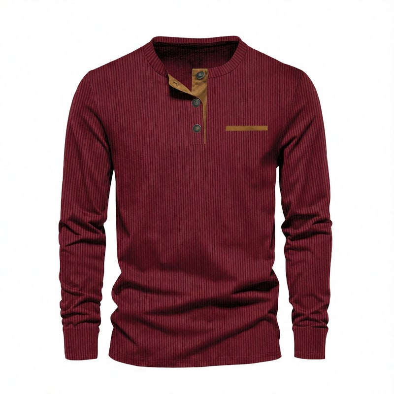 Mens Corduroy Casual Henley Long Sleeve T-Shirt - Image 1