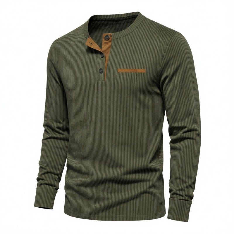 Mens Corduroy Casual Henley Long Sleeve T-Shirt - Image 3