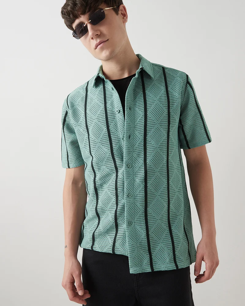bewakoof Men's Green Textured Oversized Shirt