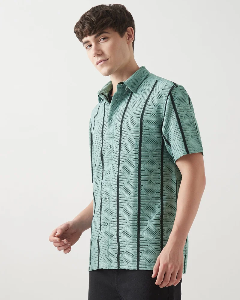 bewakoof Men's Green Textured Oversized Shirt