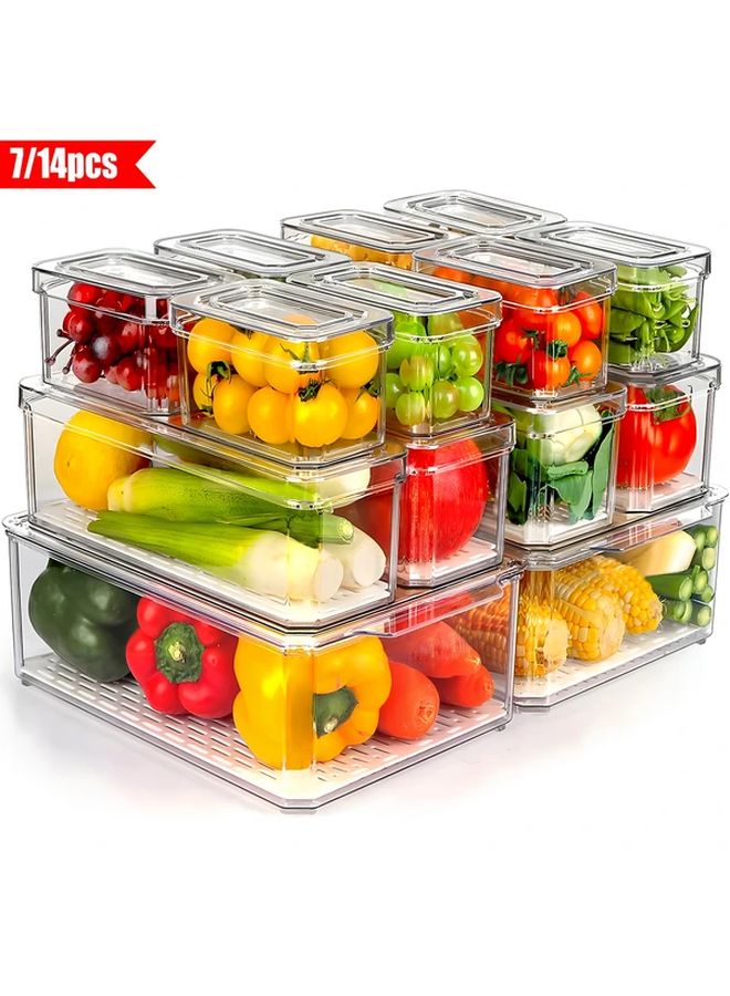Clear 14pcs Fridge Storage Organizer Sets Refrigerator Boxes With Lids Stackable Fruit Vegetable Containers For Rv Kitchen - Image 1