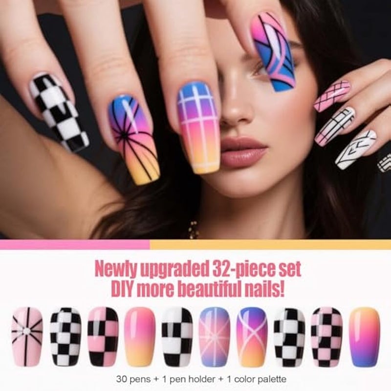 ارتدون مجموعة فرش طلاء الاظافر مزدوجة الاطراف مكونة من 32 قطعة، فرش طلاء اظافر جل وقلم تصميم لرسم الاظافر وفرش طلاء الاظافر، فرش تفاصيل صغيرة - Image 3