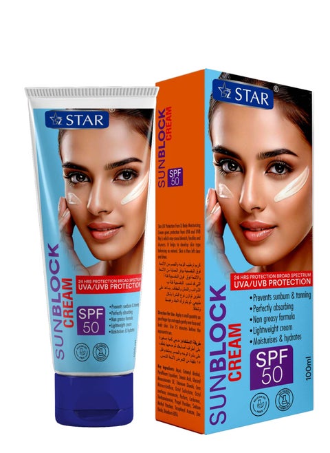 Face and Body Sunscreen SPF 50 - Moisturizing Sunblock Cream with Vitamin E - Broad Spectrum UVA/UVB Protection with Water-Resistant Formula - Non-Greasy, Lightweight & Fast Absorbing - Ideal for Sensitive Skin (100ml)