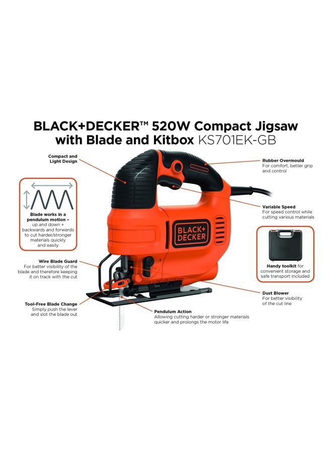 BLACK+DECKER Jigsaw 520W Variable Speed With Kitbox Orange/Black - Image 3