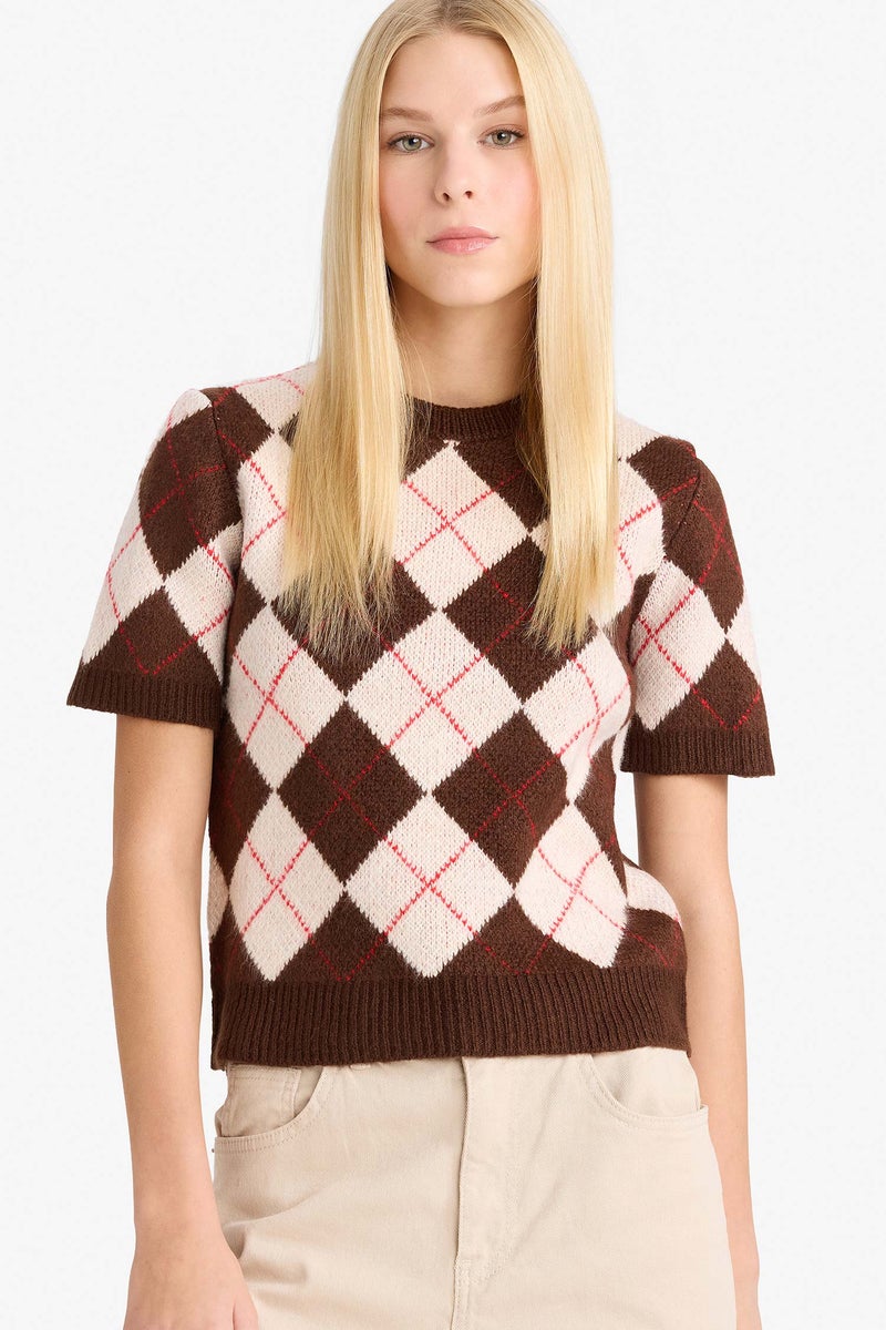 DeFacto Brown Woman Slim Fit Crew Neck Argyle Patterned Knit Pullover Casual - Image 1