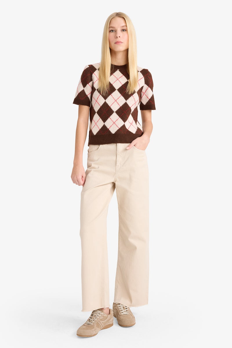 DeFacto Brown Woman Slim Fit Crew Neck Argyle Patterned Knit Pullover Casual - Image 2
