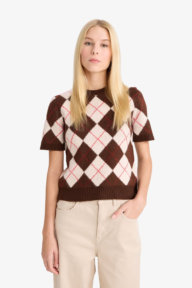 DeFacto Brown Woman Slim Fit Crew Neck Argyle Patterned Knit Pullover Casual - Image 3