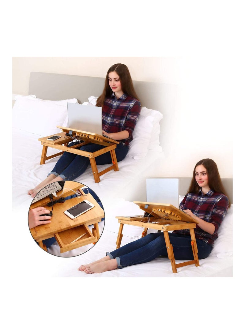 Laptop Desk Adjustable Laptop Desk Table 100% Bamboo with USB Fan Foldable Breakfast Serving Bed Tray w' Drawer  - Image 3