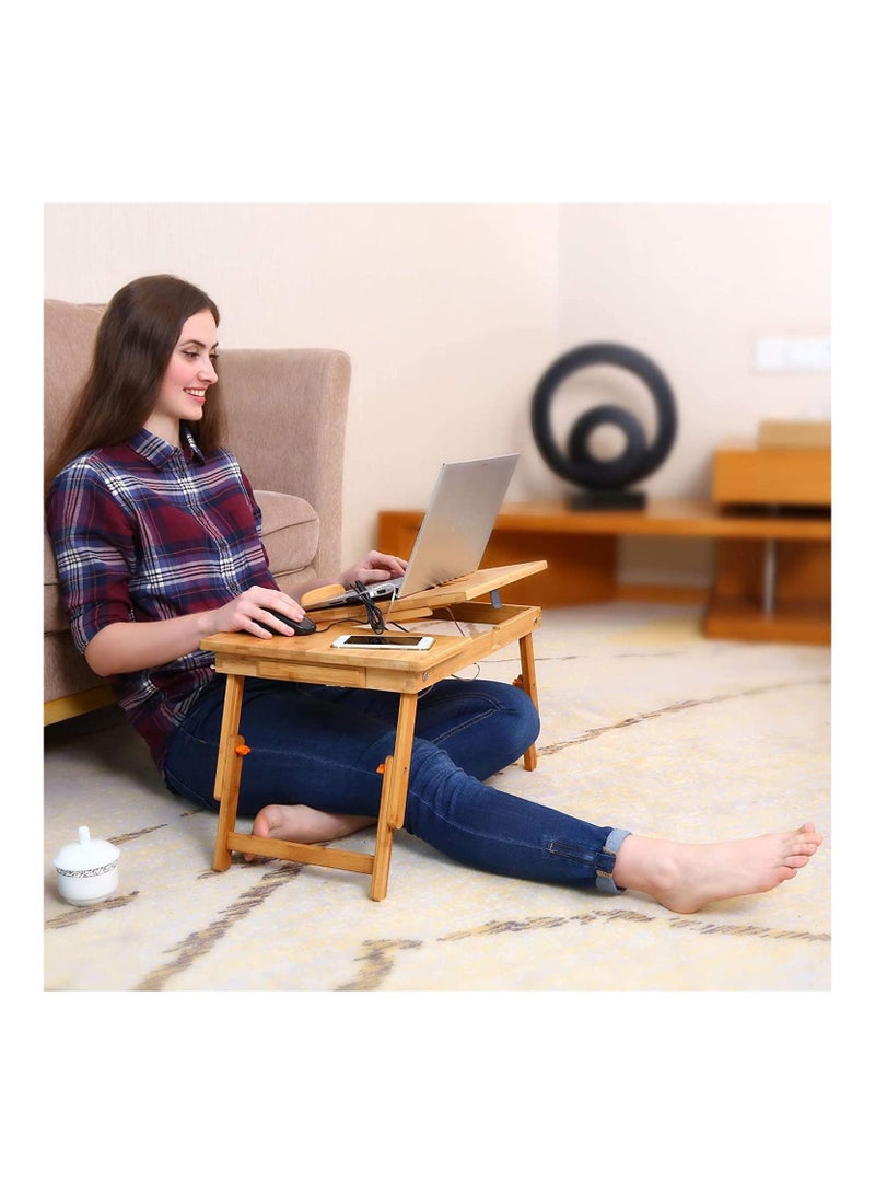 Laptop Desk Adjustable Laptop Desk Table 100% Bamboo with USB Fan Foldable Breakfast Serving Bed Tray w' Drawer  - Image 4