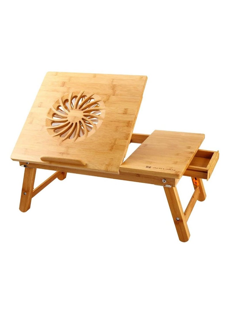 Laptop Desk Adjustable Laptop Desk Table 100% Bamboo with USB Fan Foldable Breakfast Serving Bed Tray w' Drawer  - Image 1