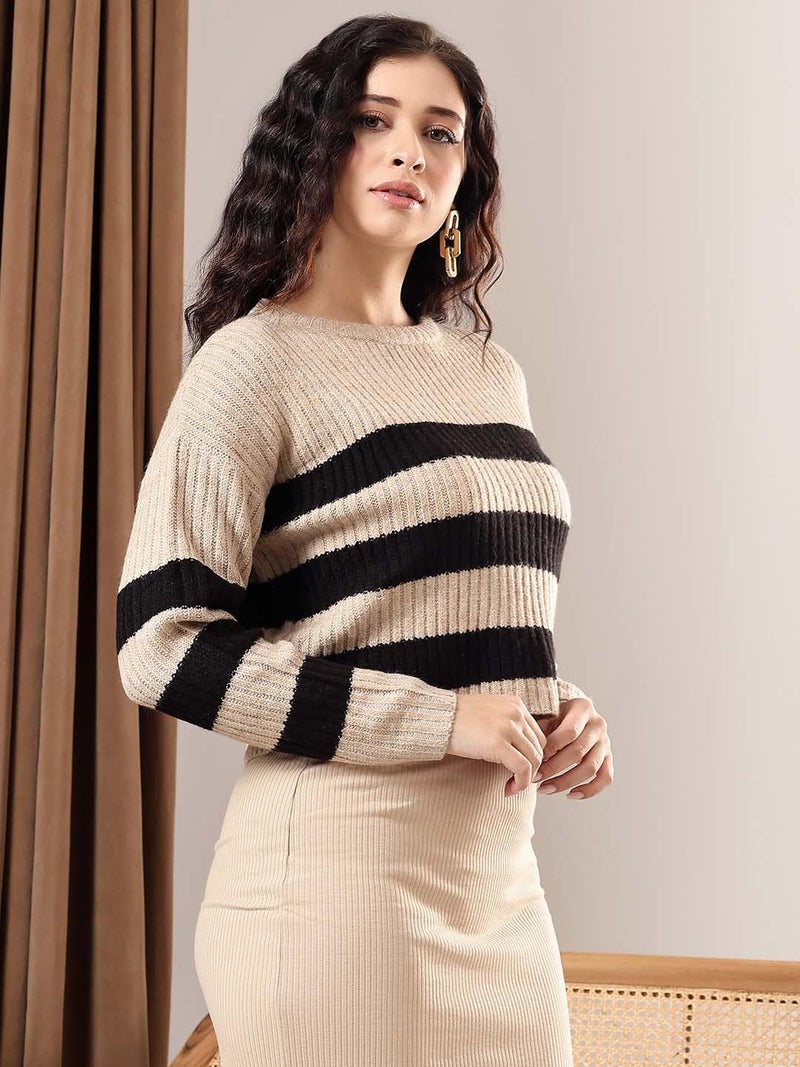 KOTTY Women's Striped Multicolor-258 Round Neck Sweater (Multicolored,XS)-KTTFKWOMENSSWEATER258XS - Image 3