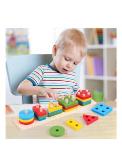 Generic Geometric Board Block Stacking Sorting Puzzle for Kids - 5 Pillar, Rectangular Multi color Non Toxic Montessori Toy for Children Age 2+ - Assorted Colors  - Image 1