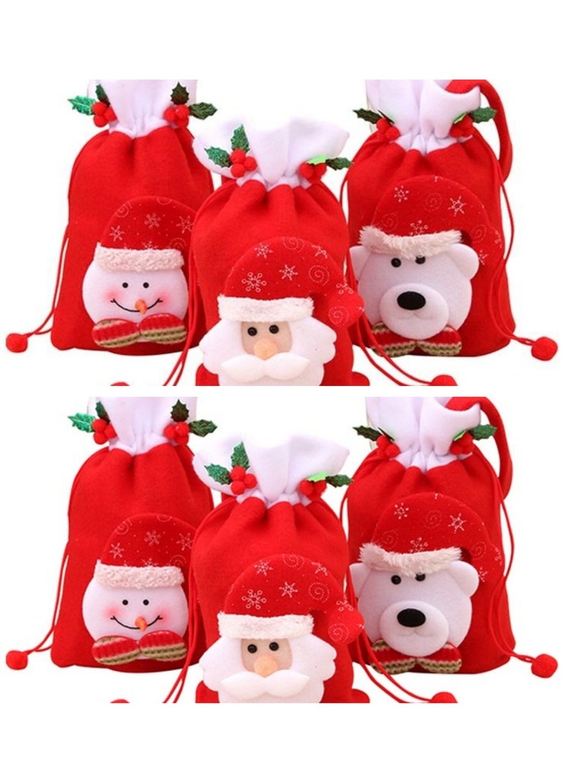 AUTOYSUR 6 Pcs Christmas Candy Bags Drawstring Apple Bag 3D Design Snowman Santa Bear Fabric Christmas Bags for Christmas Party (6PCS)  - Image 1