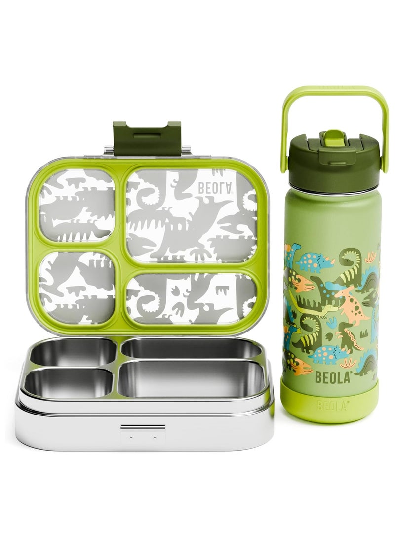 BEOLA SET of 2pcs, Stainless Steel Lunch Box for Kids School, 4 Compartment Bento Box for Kids and 550ml Insulated Water Bottle with Straw Lid (Dino Dreams) - Image 1