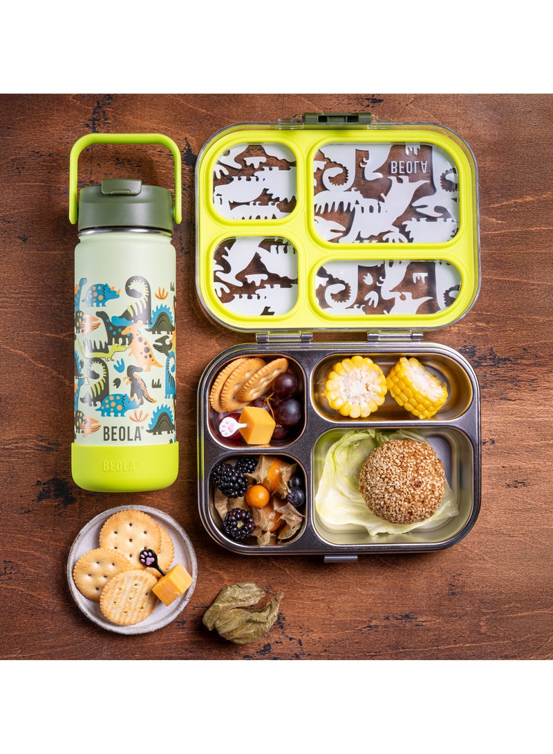 BEOLA SET of 2pcs, Stainless Steel Lunch Box for Kids School, 4 Compartment Bento Box for Kids and 550ml Insulated Water Bottle with Straw Lid (Dino Dreams) - Image 2