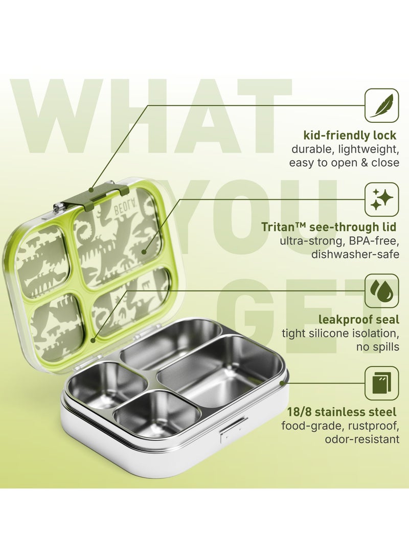BEOLA SET of 2pcs, Stainless Steel Lunch Box for Kids School, 4 Compartment Bento Box for Kids and 550ml Insulated Water Bottle with Straw Lid (Dino Dreams) - Image 3