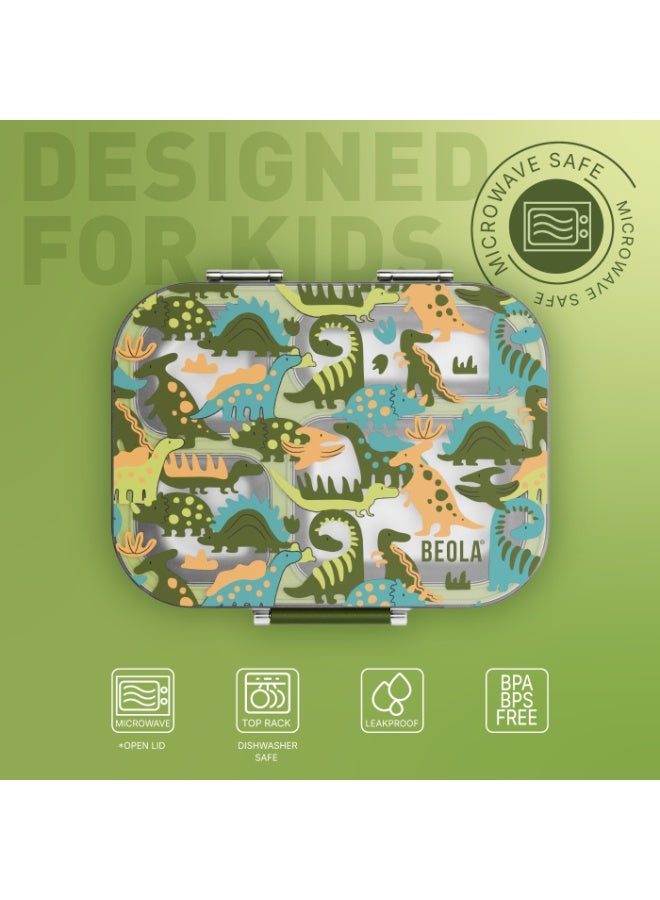 BEOLA SET of 2pcs, Stainless Steel Lunch Box for Kids School, 4 Compartment Bento Box for Kids and 550ml Insulated Water Bottle with Straw Lid (Dino Dreams) - Image 4