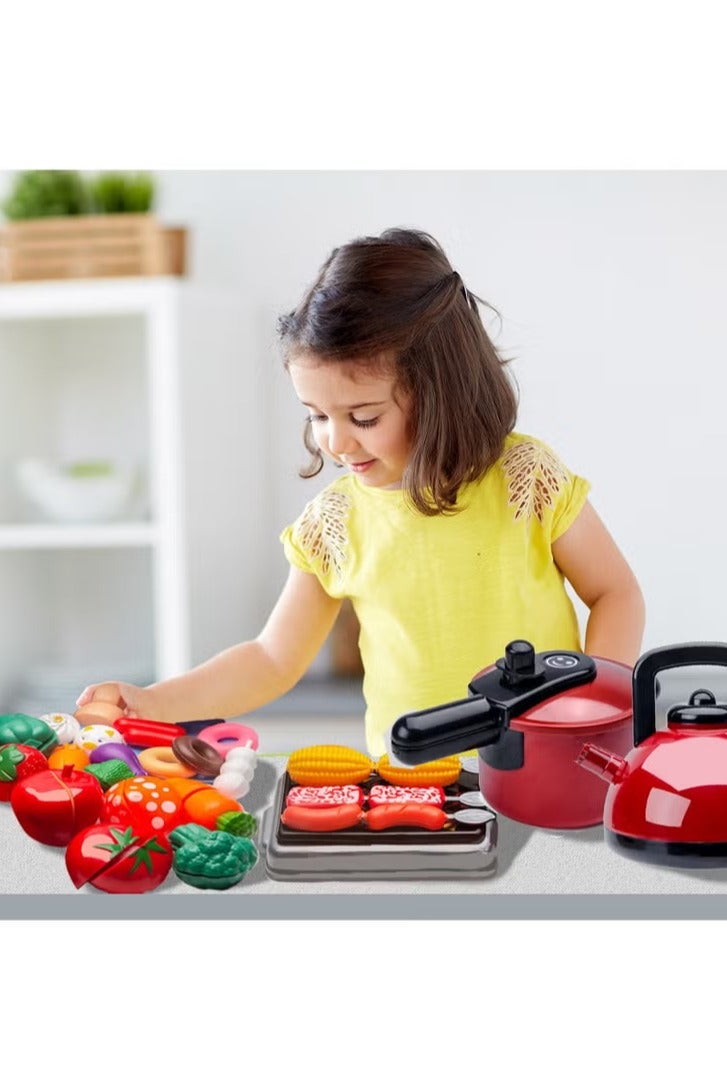 Kids Kitchen Pretend Play Toys Set Cutting Cooking Set with Food Fruits Vegetables Cooking Utensils Educational Early Age Basic Skills Development Gift for Toddlers Children (82 pcs) - Image 3