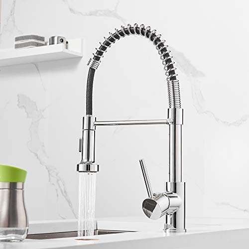 OWOFAN Spring Kitchen Sink Faucet Commercial Single Handle Single Lever Kitchen Faucet with Pull Down Sprayer, Polished Chrome Kitchen Faucets - Image 1